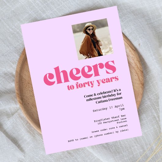 Uitnodiging, Retro Paarse & Roze, 40e verjaardag Briefkaart