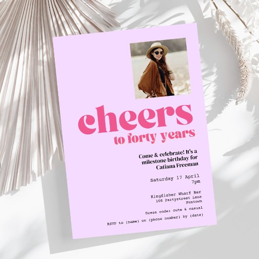 Uitnodiging, Retro Paarse & Roze, 40e verjaardag Kaart