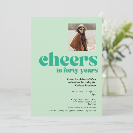 Uitnodiging, Retro Sage Green, 40ste verjaardagsfe Kaart (Staand voorkant)