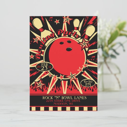 Uitnodiging Rockabilly Bowling Party (Staand voorkant)