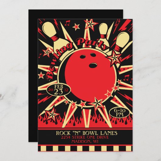 Uitnodiging Rockabilly Bowling Party (Voorkant / Achterkant)