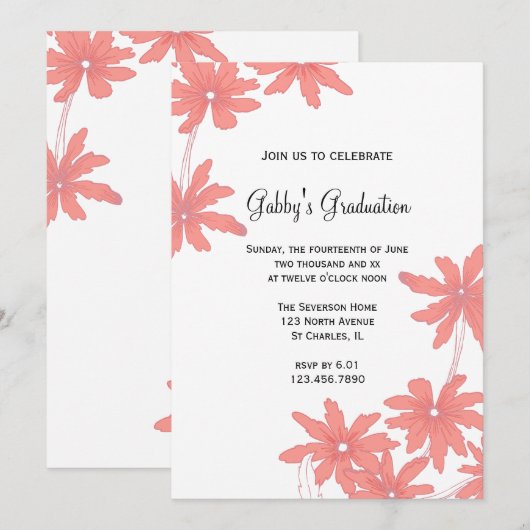 Uitnodiging Rode Daisies Gradues Party (Voorkant / Achterkant)