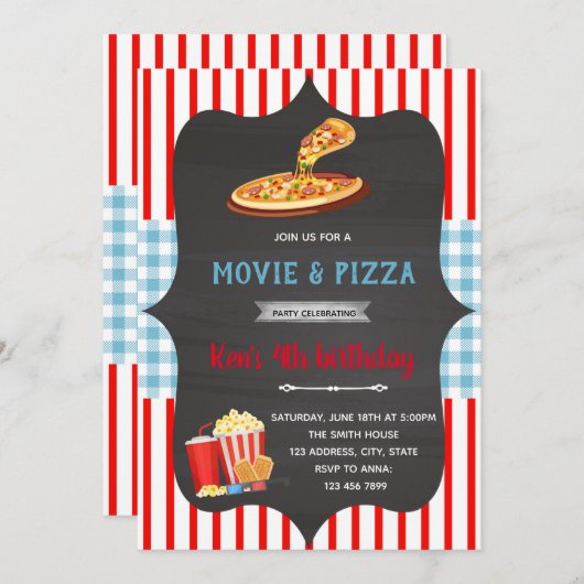 Uitnodiging rode en blauwe gingham pizzafilmthema (Voorkant / Achterkant)