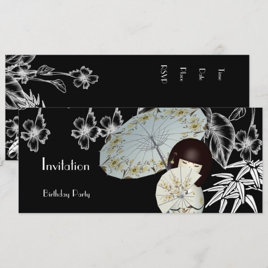 Uitnodiging Rood Zwart Wit Aziatische Bamboe (Voorkant / Achterkant)