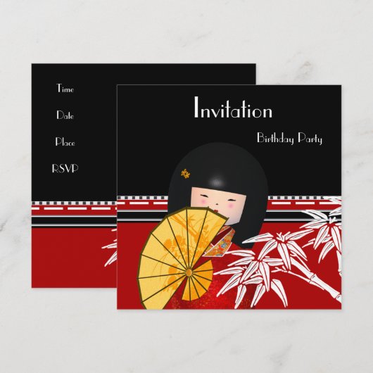 Uitnodiging Rood Zwart Wit Aziatische Bamboe (Voorkant / Achterkant)