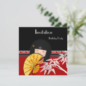 Uitnodiging Rood Zwart Wit Aziatische Bamboe (Staand voorkant)