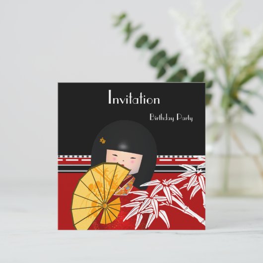 Uitnodiging Rood Zwart Wit Aziatische Bamboe (Staand voorkant)