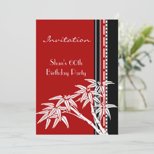Uitnodiging Rood Zwart Wit Aziatische Bamboe 60e (Staand voorkant)