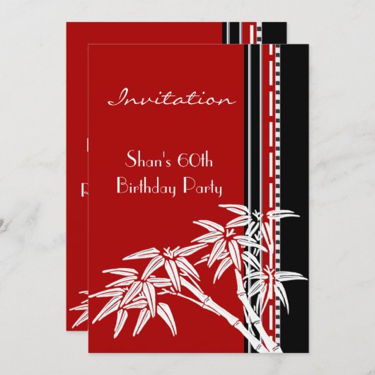 Uitnodiging Rood Zwart Wit Aziatische Bamboe 60e (Voorkant / Achterkant)
