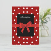 Uitnodiging Rood Zwarte Stippen Witte Rode Strikke (Staand voorkant)