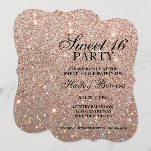 Uitnodiging - Roos Gold Glitter Fab Sweet 16  (Voorkant / Achterkant)