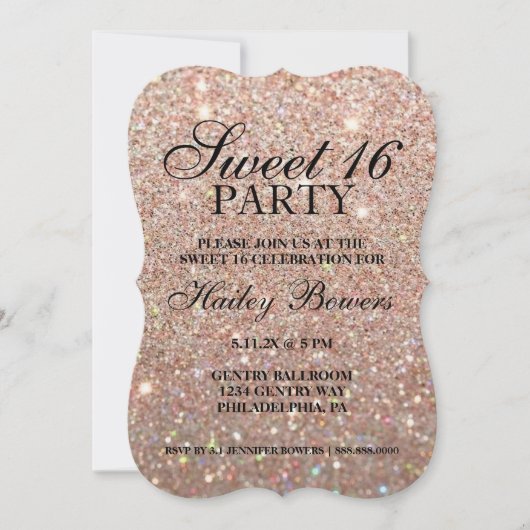 Uitnodiging - Roos Gold Glitter Fab Sweet 16  (Voorkant)