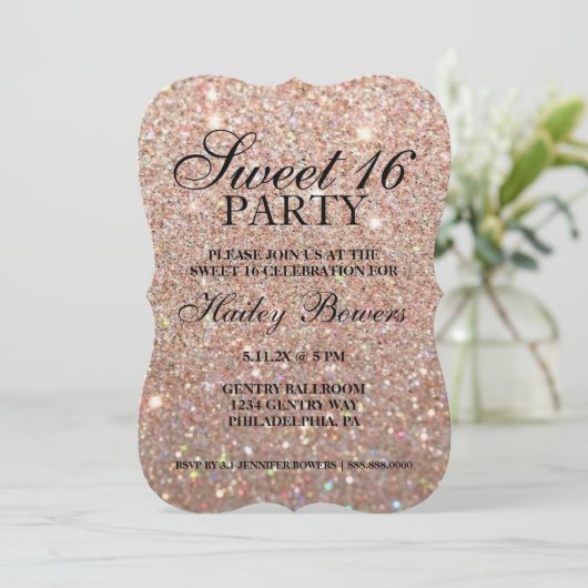 Uitnodiging - Roos Gold Glitter Fab Sweet 16 (Staand voorkant)
