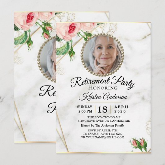 Uitnodiging Rosy Marble Luxury Retirement Party (Voorkant / Achterkant)