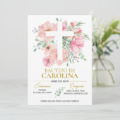 Uitnodiging roze bloemen doop (Staand voorkant)