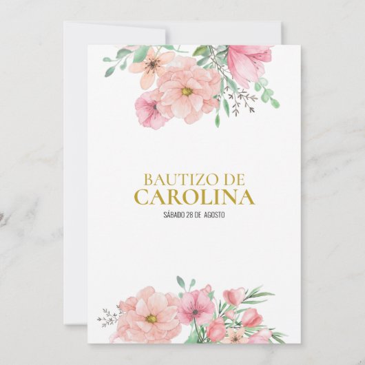 Uitnodiging roze bloemen doop (Achterkant)