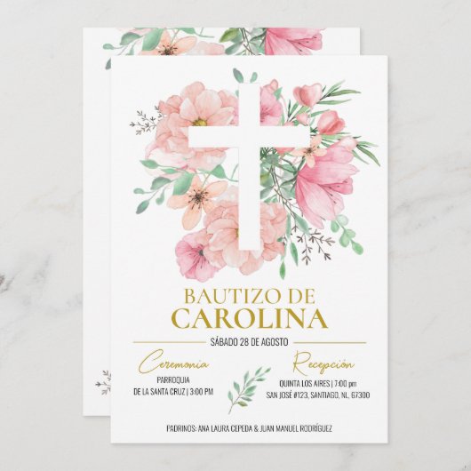 Uitnodiging roze bloemen doop (Voorkant / Achterkant)