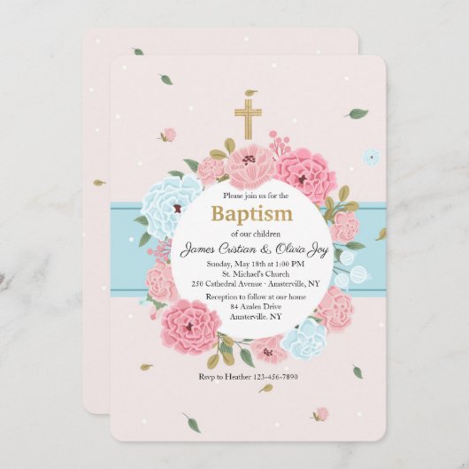 Uitnodiging Roze en Blauwe Bloesems (Voorkant / Achterkant)