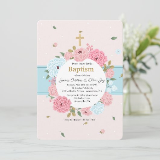 Uitnodiging Roze en Blauwe Bloesems (Staand voorkant)