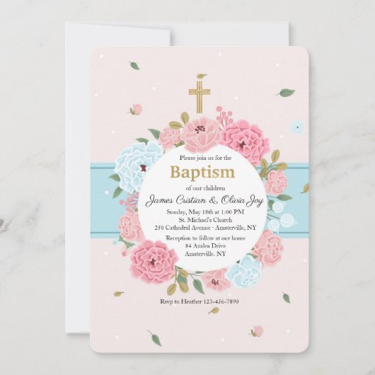 Uitnodiging Roze en Blauwe Bloesems (Voorkant)