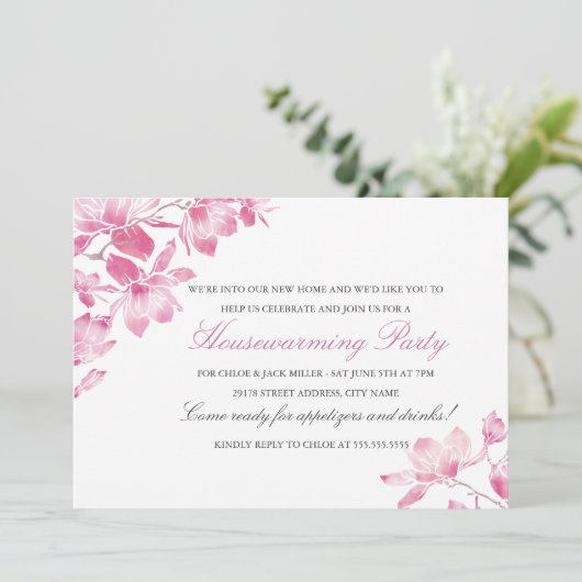 Uitnodiging  roze Floral Housewarming Party (Staand voorkant)