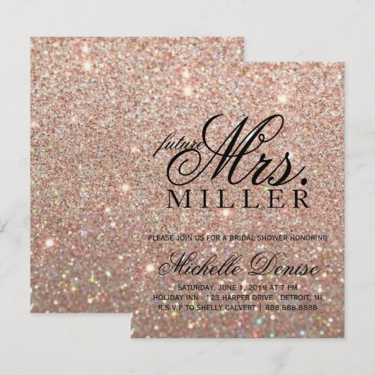 Uitnodiging - Roze Gouden Glitter Fab toekomstige  (Voorkant / Achterkant)