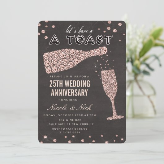 Uitnodiging roze gouden wijn glas jubileum (Staand voorkant)