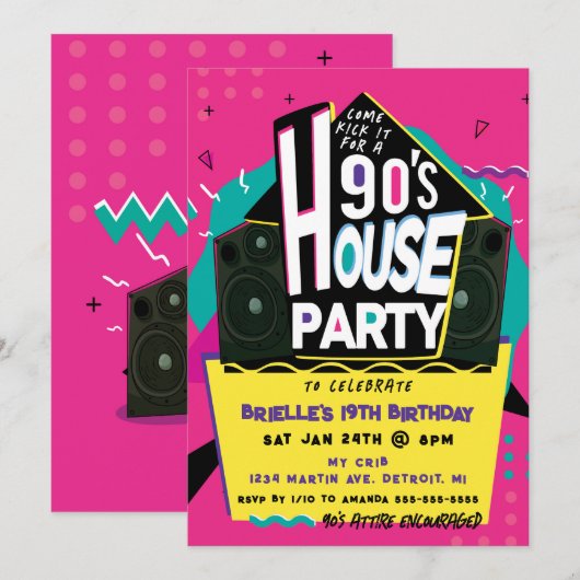 Uitnodiging Roze Jaren 90 Huisfeest (Voorkant / Achterkant)