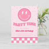 Uitnodiging Roze Verjaardag Smiley Preppy Gezicht  (Staand voorkant)