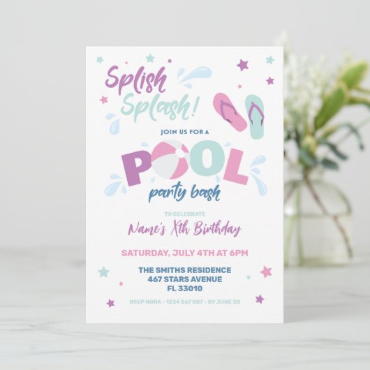 Uitnodiging Roze Zwembadfeest (Staand voorkant)