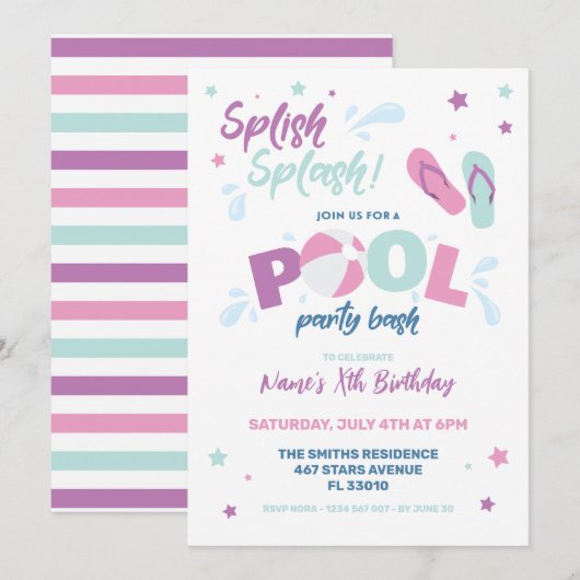 Uitnodiging Roze Zwembadfeestje (Voorkant / Achterkant)