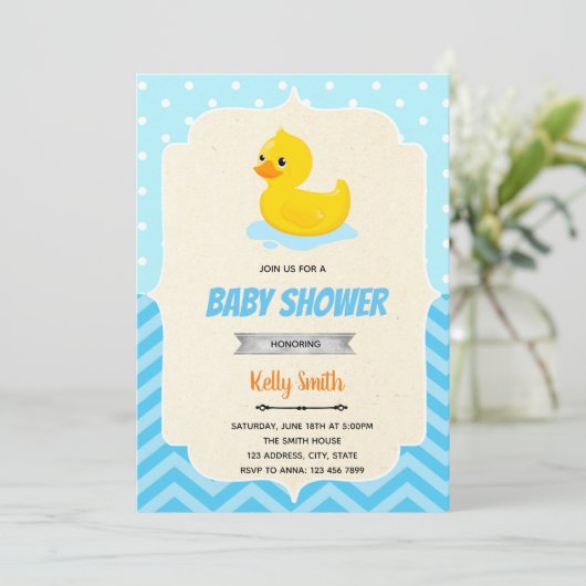 Uitnodiging rubber eend jongen shower (Staand voorkant)