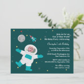 Uitnodiging ruimteastronaut fotoverjaardagsfeestje (Staand voorkant)