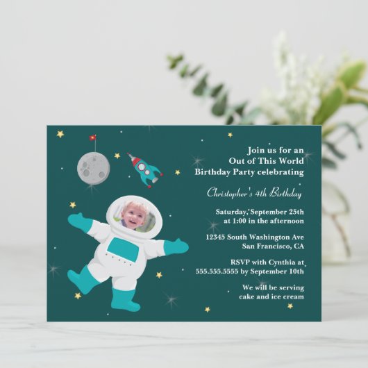 Uitnodiging ruimteastronaut fotoverjaardagsfeestje (Staand voorkant)