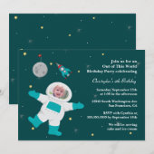 Uitnodiging ruimteastronaut fotoverjaardagsfeestje (Voorkant / Achterkant)