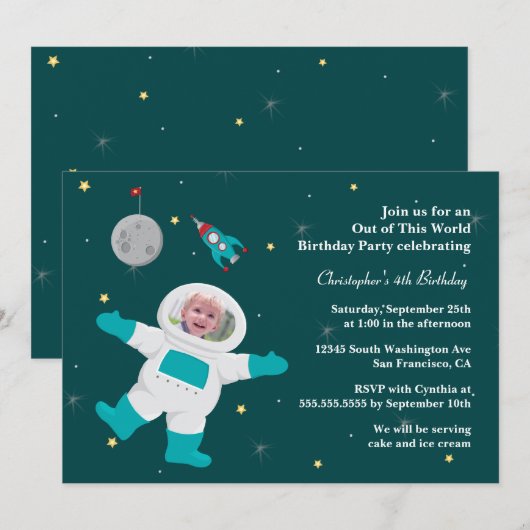 Uitnodiging ruimteastronaut fotoverjaardagsfeestje (Voorkant / Achterkant)