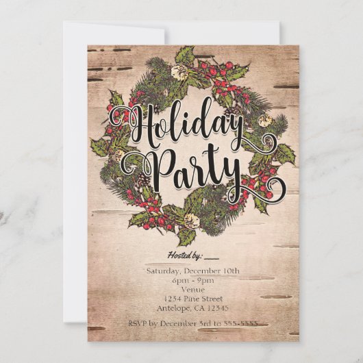 Uitnodiging Rustic Birch Holiday Party (Voorkant)