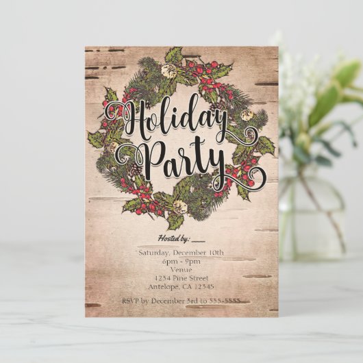 Uitnodiging Rustic Birch Holiday Party (Staand voorkant)