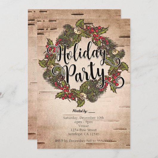 Uitnodiging  Rustic Birch Holiday Party (Voorkant / Achterkant)