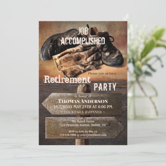 Uitnodiging Rustic Boots Retirement Party (Staand voorkant)