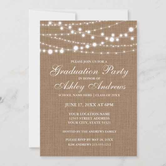 Uitnodiging Rustic Burlap Lights Graduation Party (Voorkant)