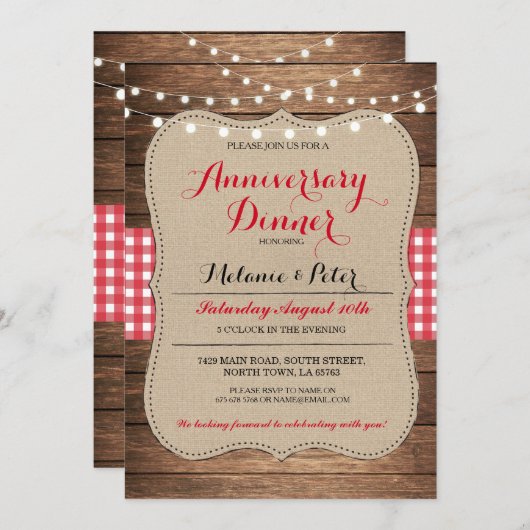 Uitnodiging Rustic Wedding Jubileum Red Party (Voorkant / Achterkant)