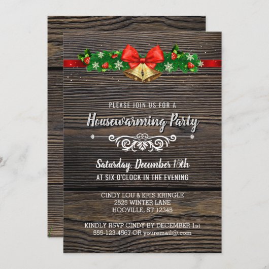 Uitnodiging Rustic Wood Holiday Housewarming Party (Voorkant / Achterkant)
