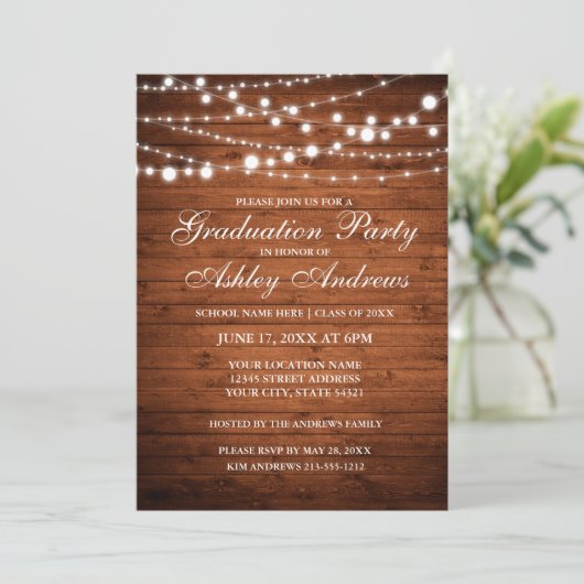 Uitnodiging Rustic Wood Lights Graduation Party (Staand voorkant)