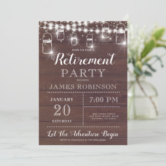 Uitnodiging Rustic Wood Retirement Party (Staand voorkant)