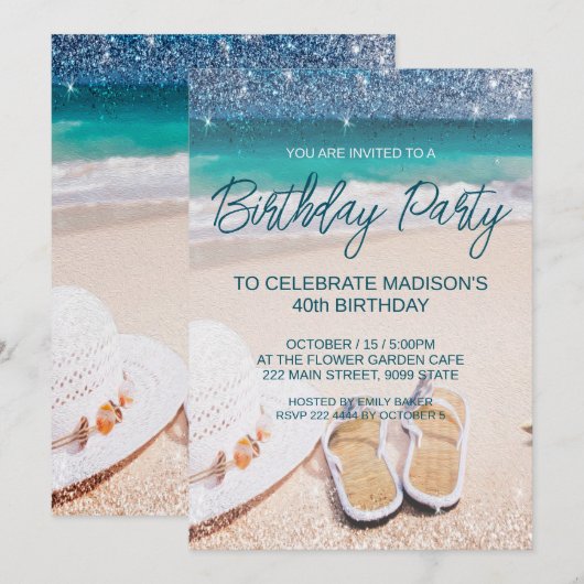 Uitnodiging Sandy Beach Birthday (Voorkant / Achterkant)