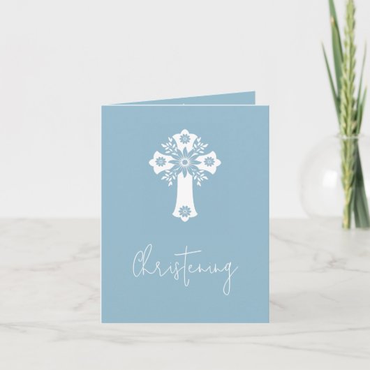 Uitnodiging (schrijf) Bloemkruis Doop Hemelblauw (Voorkant)