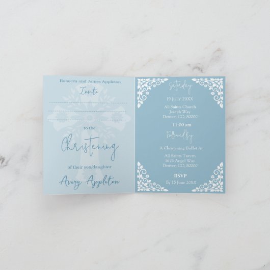 Uitnodiging (schrijven) Bloemenkruis Doop Sky Blue (Binnen)