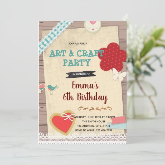 Uitnodiging scrapbook- en kunstfeestthema (Staand voorkant)