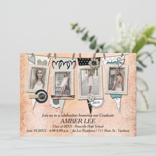 Uitnodiging Shabby Chic Photo Graduparty (Staand voorkant)